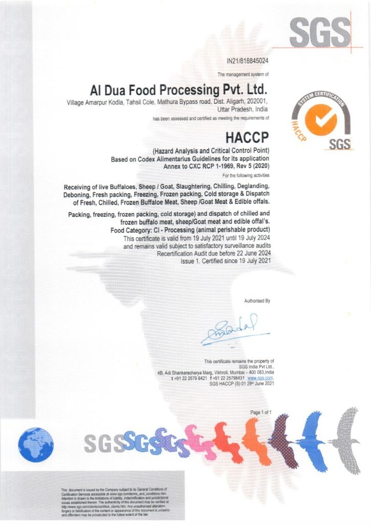 Certificates ALDUA FOOD PROCESSING PVT. LTD.